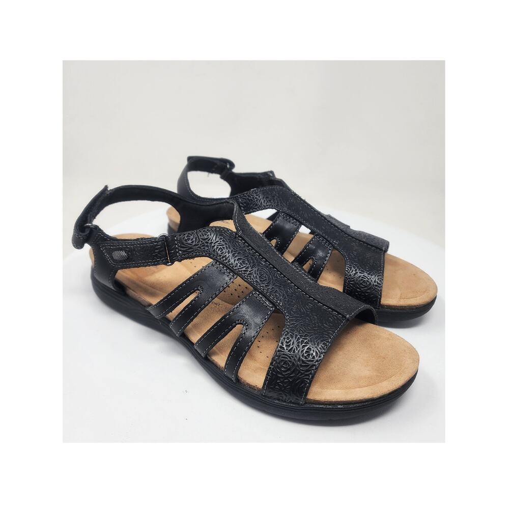 Clarks April Belle Flat Sandals Women 12M Black Embossed Leather Ortholite Sole